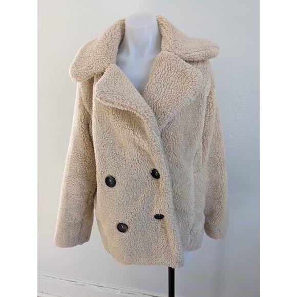Free People Size XS Double Breasted Teddy Coat Tan Wide Collar Winter Jacket - Picture 2 of 12
